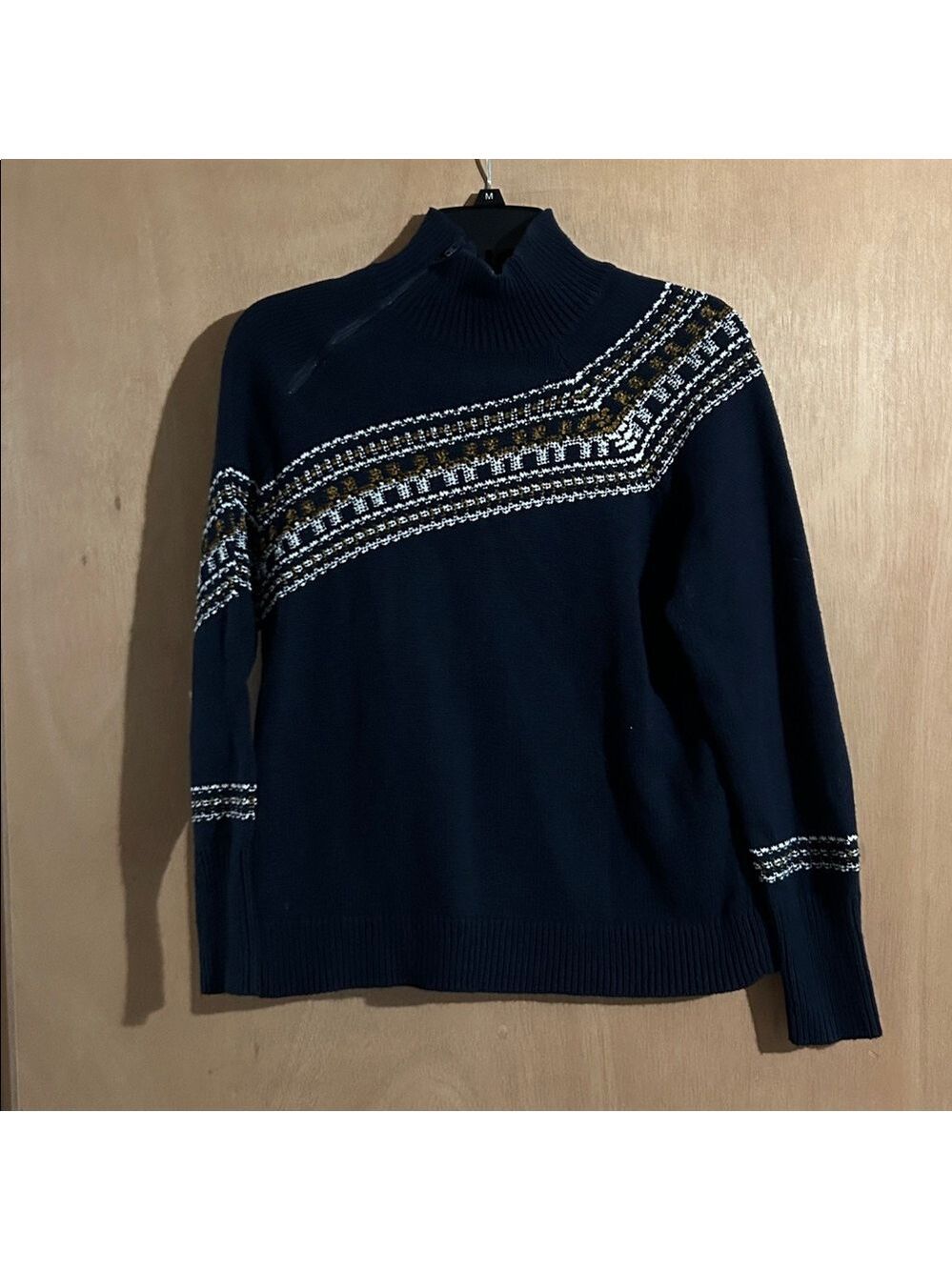CAbi Navy Sweater with Gold and White Accents